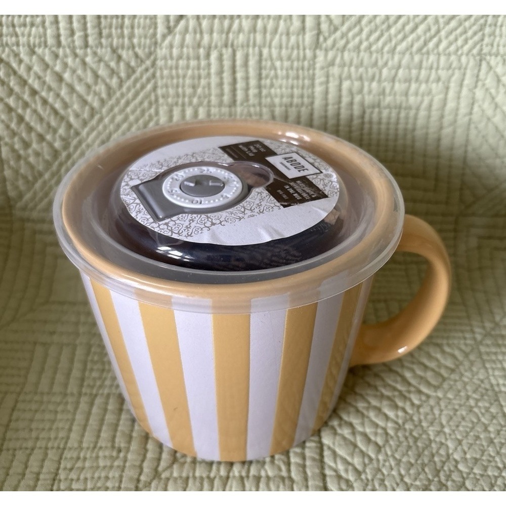 Abode 20oz Souper Mug W/Lid Stoneware Yellow White Striped Heat Refrigerate New